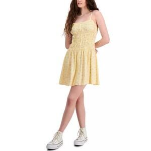 NEW Hippie Rose Yellow Ditsy Floral Sundress Large Rayon Smocked Short Spring